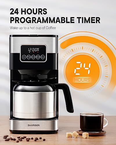 SHARDOR Programmable Coffee Maker with 8-Cup Thermal Carafe, Touch-Screen Drip Coffee Machine with Timer, Regular & Strong Brew, Pause & Serve, Auto Shut Off, Black & Stainless Steel