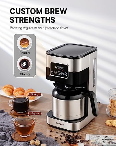 SHARDOR Programmable Coffee Maker with 8-Cup Thermal Carafe, Touch-Screen Drip Coffee Machine with Timer, Regular & Strong Brew, Pause & Serve, Auto Shut Off, Black & Stainless Steel