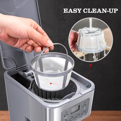 Taylor Swoden 12-Cup Programmable Coffee Maker, Regular & Strong Brew Drip Coffee Machine for Home and Office, Glass Carafe, Pause & Serve, Auto Shut Off, Gray & Stainless Steel