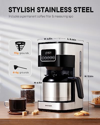 SHARDOR Programmable Coffee Maker with 8-Cup Thermal Carafe, Touch-Screen Drip Coffee Machine with Timer, Regular & Strong Brew, Pause & Serve, Auto Shut Off, Black & Stainless Steel
