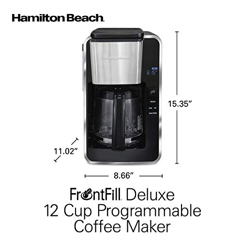 Hamilton Beach 12 Cup Programmable Front-Fill Drip Coffee Maker with Glass Carafe, Auto Shutoff, 3 Brew Options, Black with Stainless & Chrome Accents (46321)