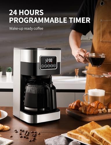 SHARDOR Coffee Maker Programmable Drip Coffee Machine with Timer, 10 Cups Coffee Pot with Auto Shut-Off, Home & Office, Glass Carafe & Reusable Filter, Stainless Steel