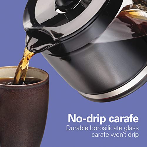 Hamiton Beach 12 Cup Compact Programmable Drip Coffee Maker with No-Drip Burosilicate Glass Carafe, 2-Hour Auto Shutoff, Space-Saving Design, Black with Stainless Steel Accents (46200)