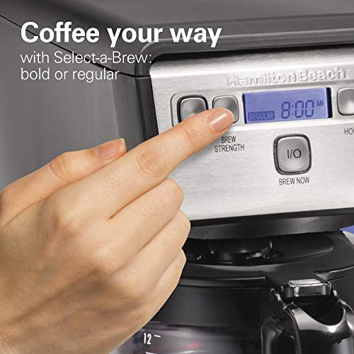 Hamiton Beach 12 Cup Compact Programmable Drip Coffee Maker with No-Drip Burosilicate Glass Carafe, 2-Hour Auto Shutoff, Space-Saving Design, Black with Stainless Steel Accents (46200)