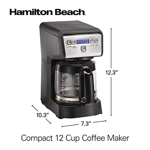 Hamiton Beach 12 Cup Compact Programmable Drip Coffee Maker with No-Drip Burosilicate Glass Carafe, 2-Hour Auto Shutoff, Space-Saving Design, Black with Stainless Steel Accents (46200)