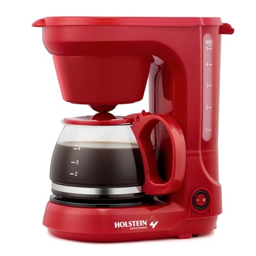 Holstein Housewares - 5 Cup Drip Coffee Maker - Convenient and User Friendly with Permanent Filter, Borosilicate Glass Carafe, Water Level Indicator, Auto Pause/Serve and Keep Warm Functions, Red