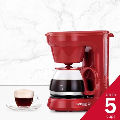 Holstein Housewares - 5 Cup Drip Coffee Maker - Convenient and User Friendly with Permanent Filter, Borosilicate Glass Carafe, Water Level Indicator, Auto Pause/Serve and Keep Warm Functions, Red