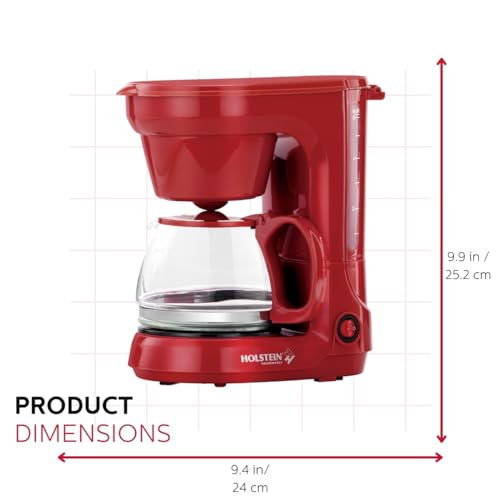 Holstein Housewares - 5 Cup Drip Coffee Maker - Convenient and User Friendly with Permanent Filter, Borosilicate Glass Carafe, Water Level Indicator, Auto Pause/Serve and Keep Warm Functions, Red