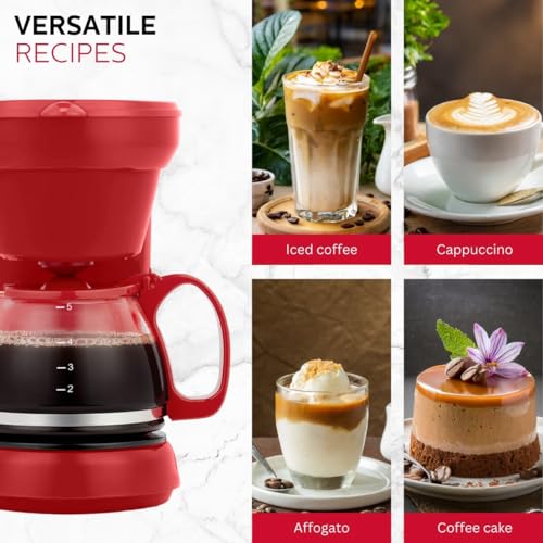 Holstein Housewares - 5 Cup Drip Coffee Maker - Convenient and User Friendly with Permanent Filter, Borosilicate Glass Carafe, Water Level Indicator, Auto Pause/Serve and Keep Warm Functions, Red