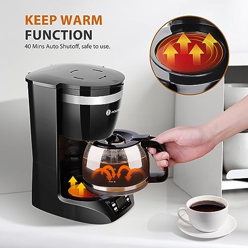 Aigostar Programmable Coffee Maker, 8 Cup Coffee Maker with Glass Carafe, Auto Pause Small Coffee Maker, 24H Timer and Auto Keep Warm Drip Coffee Maker with Permanent Filter for Home Office, Black
