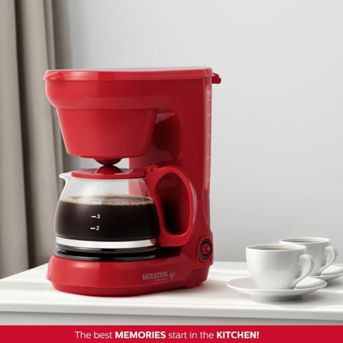 Holstein Housewares - 5 Cup Drip Coffee Maker - Convenient and User Friendly with Permanent Filter, Borosilicate Glass Carafe, Water Level Indicator, Auto Pause/Serve and Keep Warm Functions, Red