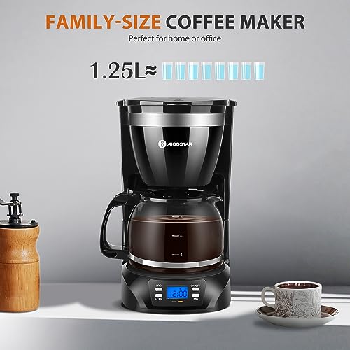 Aigostar Programmable Coffee Maker, 8 Cup Coffee Maker with Glass Carafe, Auto Pause Small Coffee Maker, 24H Timer and Auto Keep Warm Drip Coffee Maker with Permanent Filter for Home Office, Black