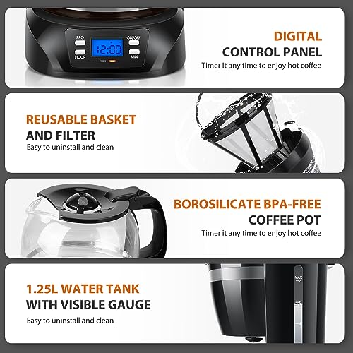 Aigostar Programmable Coffee Maker, 8 Cup Coffee Maker with Glass Carafe, Auto Pause Small Coffee Maker, 24H Timer and Auto Keep Warm Drip Coffee Maker with Permanent Filter for Home Office, Black