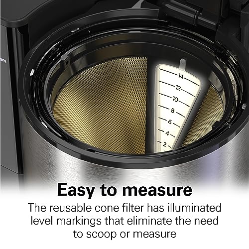 Hamilton Beach 14 Cup Programmable Coffee Maker with Easy Measure Light Up Reusable Filter, Removable 70 Oz. Water Reservoir, Black and Stainless Steel