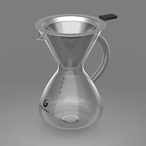 Coffee Gator Pour Over Coffee Maker - 27 oz Paperless, Portable, Drip Coffee Brewer Pour Over Set w/Glass Carafe & Stainless-Steel Mesh Filter, 800ml Clear