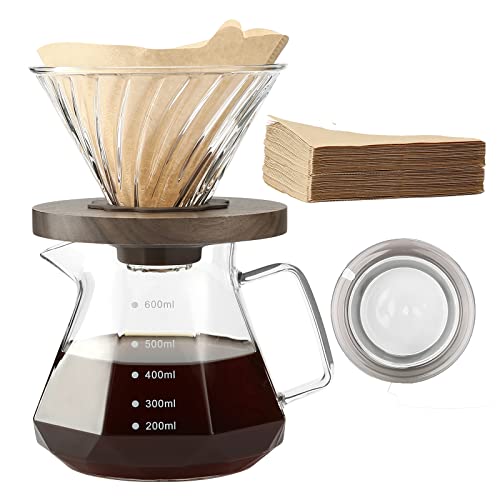 Lalord Pour Over Coffee Maker, 20 oz Borosilicate Glass Carafe with 100 pcs V60 Paper Filter, Walnut Handle & Glass Lid, Drip Coffee Maker for Home Café Restaurant Camping, 600 ml, Clear