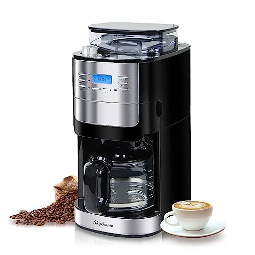 HOMOKUS 12 Cup Drip Coffee Maker with Built-In Burr Coffee Grinder, Programmable Coffee Machine with Timer, Glass Carafe, Reusable Filter, Warming Plate for Home and Office. 1.5L Water Tank