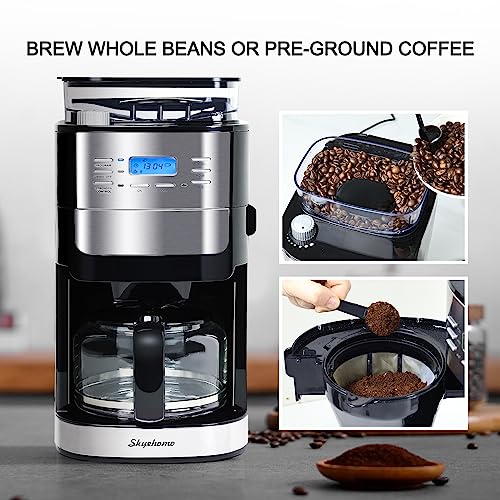HOMOKUS 12 Cup Drip Coffee Maker with Built-In Burr Coffee Grinder, Programmable Coffee Machine with Timer, Glass Carafe, Reusable Filter, Warming Plate for Home and Office. 1.5L Water Tank