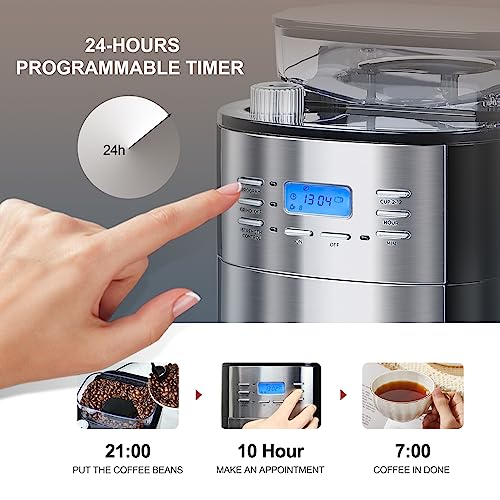 HOMOKUS 12 Cup Drip Coffee Maker with Built-In Burr Coffee Grinder, Programmable Coffee Machine with Timer, Glass Carafe, Reusable Filter, Warming Plate for Home and Office. 1.5L Water Tank