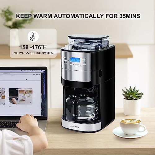 HOMOKUS 12 Cup Drip Coffee Maker with Built-In Burr Coffee Grinder, Programmable Coffee Machine with Timer, Glass Carafe, Reusable Filter, Warming Plate for Home and Office. 1.5L Water Tank