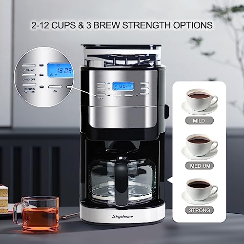 HOMOKUS 12 Cup Drip Coffee Maker with Built-In Burr Coffee Grinder, Programmable Coffee Machine with Timer, Glass Carafe, Reusable Filter, Warming Plate for Home and Office. 1.5L Water Tank