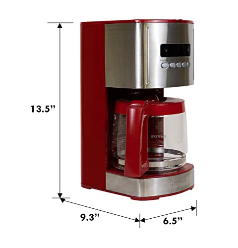 Kenmore Aroma Control 12-Cup Programmable Coffee Maker, Red and Stainless Steel Drip Coffee Machine, Glass Carafe, Reusable Filter, Timer, Digital Display Charcoal Water Filter, Regular or Bold