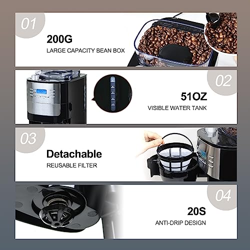 HOMOKUS 12 Cup Drip Coffee Maker with Built-In Burr Coffee Grinder, Programmable Coffee Machine with Timer, Glass Carafe, Reusable Filter, Warming Plate for Home and Office. 1.5L Water Tank