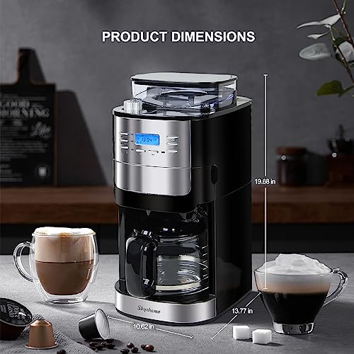 HOMOKUS 12 Cup Drip Coffee Maker with Built-In Burr Coffee Grinder, Programmable Coffee Machine with Timer, Glass Carafe, Reusable Filter, Warming Plate for Home and Office. 1.5L Water Tank