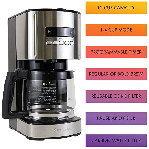 Kenmore Coffee Maker 12 cup Drip Coffee Machine Programmable Aroma Control Glass Carafe Reusable Filter Timer Digital Display Charcoal Water Filter Regular Bold Stainless Steel and Black