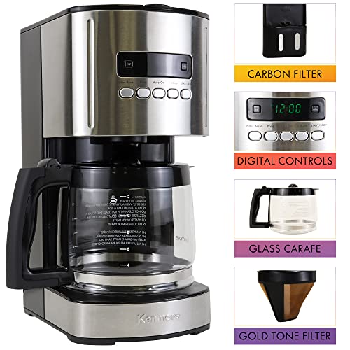 Kenmore Coffee Maker 12 cup Drip Coffee Machine Programmable Aroma Control Glass Carafe Reusable Filter Timer Digital Display Charcoal Water Filter Regular Bold Stainless Steel and Black