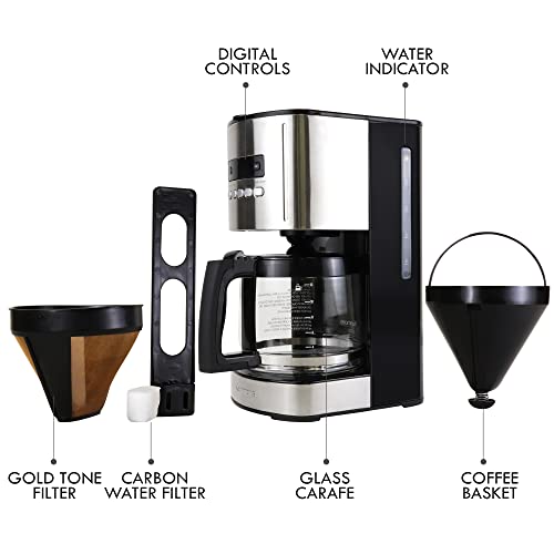 Kenmore Coffee Maker 12 cup Drip Coffee Machine Programmable Aroma Control Glass Carafe Reusable Filter Timer Digital Display Charcoal Water Filter Regular Bold Stainless Steel and Black