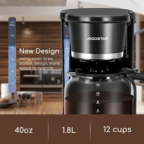Aigostar Coffee Maker, Programmable 12 Cup Drip Coffee Maker with Glass Carafe, Auto Pause Drip Coffee Maker, Permanent Filter, Auto Pause, 24H Timer and Auto Keep Warm, Black