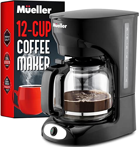 Mueller 12-Cup Drip Coffee Maker, Auto Keep Warm Function, Smart Anti-Drip System, with Durable Permanent Filter and Borosilicate Glass Carafe, Clear Water Level Window Coffee Machine