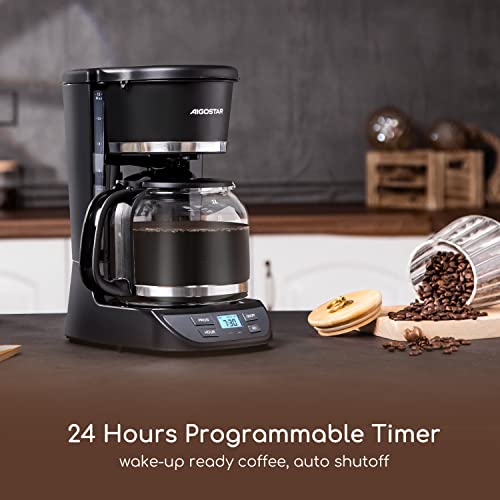 Aigostar Coffee Maker, Programmable 12 Cup Drip Coffee Maker with Glass Carafe, Auto Pause Drip Coffee Maker, Permanent Filter, Auto Pause, 24H Timer and Auto Keep Warm, Black