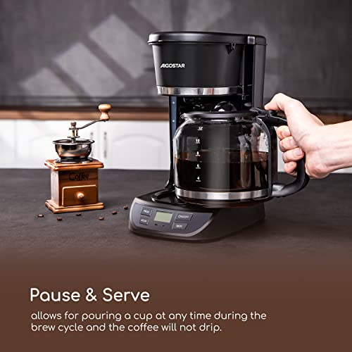 Aigostar Coffee Maker, Programmable 12 Cup Drip Coffee Maker with Glass Carafe, Auto Pause Drip Coffee Maker, Permanent Filter, Auto Pause, 24H Timer and Auto Keep Warm, Black