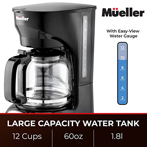 Mueller 12-Cup Drip Coffee Maker, Auto Keep Warm Function, Smart Anti-Drip System, with Durable Permanent Filter and Borosilicate Glass Carafe, Clear Water Level Window Coffee Machine