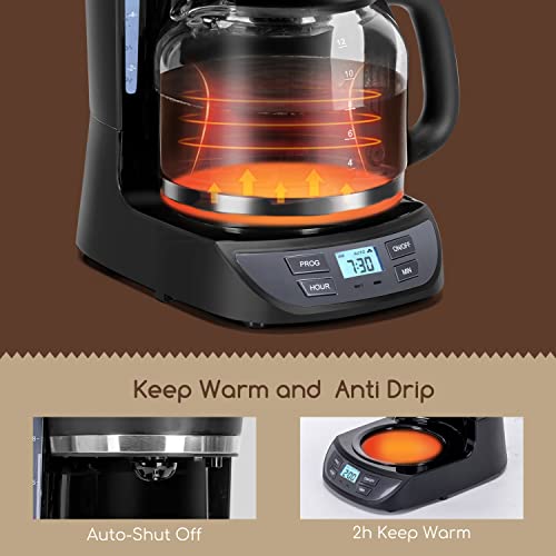 Aigostar Coffee Maker, Programmable 12 Cup Drip Coffee Maker with Glass Carafe, Auto Pause Drip Coffee Maker, Permanent Filter, Auto Pause, 24H Timer and Auto Keep Warm, Black