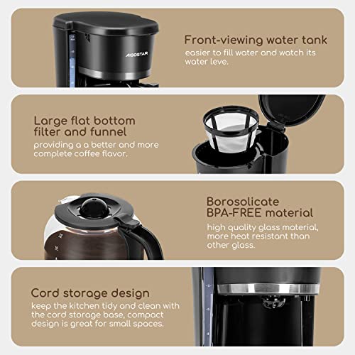 Aigostar Coffee Maker, Programmable 12 Cup Drip Coffee Maker with Glass Carafe, Auto Pause Drip Coffee Maker, Permanent Filter, Auto Pause, 24H Timer and Auto Keep Warm, Black