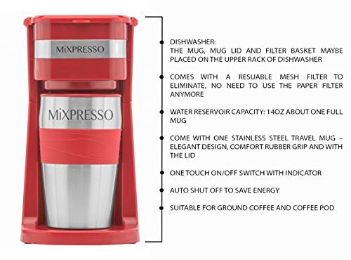 Mixpresso 2-In-1 Single Cup Coffee Maker & 14oz Travel Mug, Portable Coffee Maker For Travel, Personal Drip Coffee Brewer & Tumbler Advanced Auto Shut Off Function & Reusable Eco-Friendly Filter