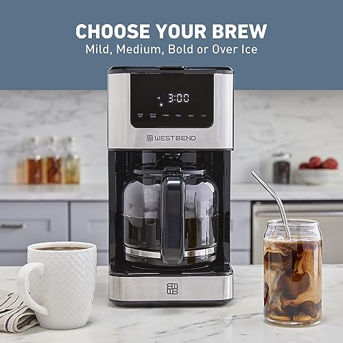 West Bend Drip Coffee Maker Brews Hot or Iced, Programmable with Brew Strength Selector Auto Shut-Off and 6 Functions Permanent Mesh Filter and Glass Carafe, 12-Cup, Metallic,Silver
