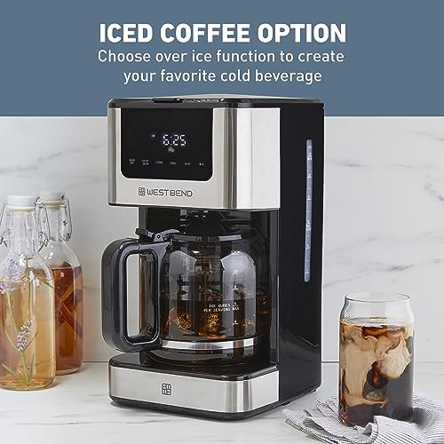 West Bend Drip Coffee Maker Brews Hot or Iced, Programmable with Brew Strength Selector Auto Shut-Off and 6 Functions Permanent Mesh Filter and Glass Carafe, 12-Cup, Metallic,Silver