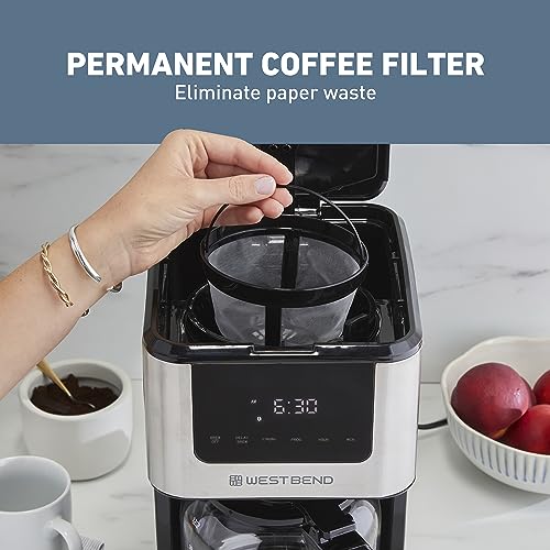 West Bend Drip Coffee Maker Brews Hot or Iced, Programmable with Brew Strength Selector Auto Shut-Off and 6 Functions Permanent Mesh Filter and Glass Carafe, 12-Cup, Metallic,Silver