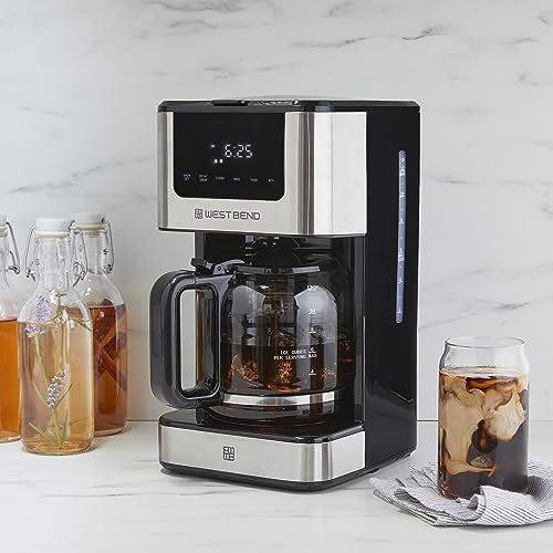 West Bend Drip Coffee Maker Brews Hot or Iced, Programmable with Brew Strength Selector Auto Shut-Off and 6 Functions Permanent Mesh Filter and Glass Carafe, 12-Cup, Metallic,Silver