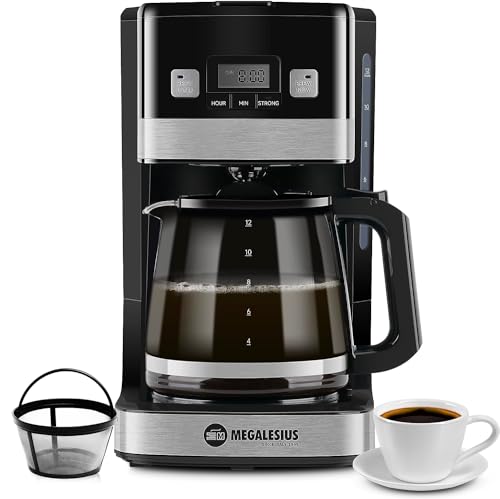 Megalesius Programmable Coffee Maker, 12 Cup Coffee Maker With Auto Shut Off, Drip Coffee Maker With 4-Hour Keep Warm, Glass Carafe, Reusable Filter, Anti-Drip System, Strong Brew, Black