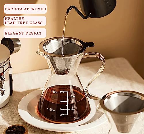 COFISUKI Pour Over Coffee Maker - Elegant Drip Coffee Maker with Reusable Stainless Steel Filter/Dripper, Lead-Free Borosilicate Glass Coffee Carafe for 1-4Cup (500ml/17oz)