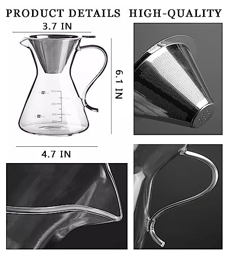 COFISUKI Pour Over Coffee Maker - Elegant Drip Coffee Maker with Reusable Stainless Steel Filter/Dripper, Lead-Free Borosilicate Glass Coffee Carafe for 1-4Cup (500ml/17oz)