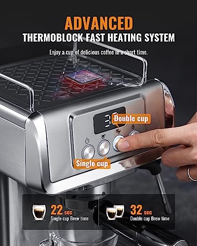 SHARDOR Espresso Machine 20 Bar with Milk Frother Steam Wand, Manual Latte & Cappuccino Maker for Home, Temperature Display, 60 Oz Water Tank, 1350W, Stainless Steel