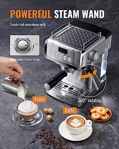 SHARDOR Espresso Machine 20 Bar with Milk Frother Steam Wand, Manual Latte & Cappuccino Maker for Home, Temperature Display, 60 Oz Water Tank, 1350W, Stainless Steel