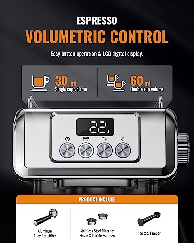 SHARDOR Espresso Machine 20 Bar with Milk Frother Steam Wand, Manual Latte & Cappuccino Maker for Home, Temperature Display, 60 Oz Water Tank, 1350W, Stainless Steel