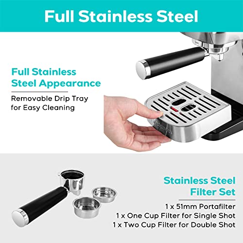 CASABREWS Espresso Machine 20 Bar, Professional Espresso Maker Cappuccino Machine with Steam Milk Frother, Stainless Steel Espresso Coffee Machine with 49oz Removable Water Tank, Gift for Dad Mom